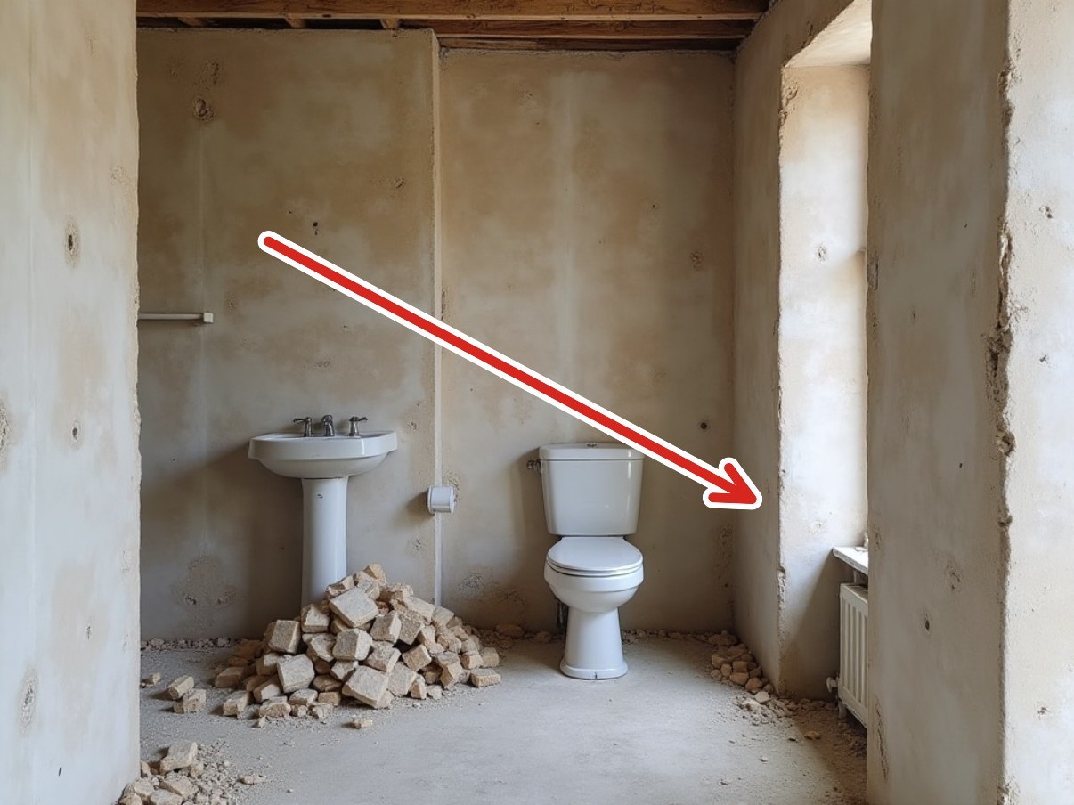 A stripped-out bathroom with a red arrow drawn across the wall, dropping into place on the report page