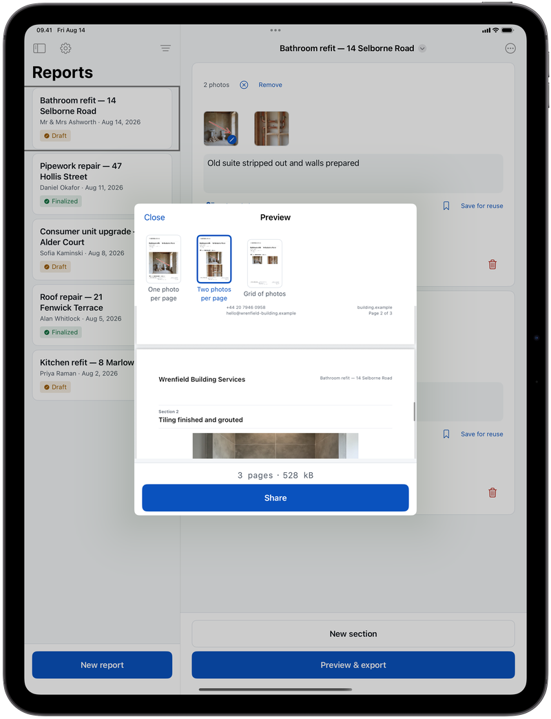 The same export sheet on iPad, the layout picker and the finished PDF over the open job