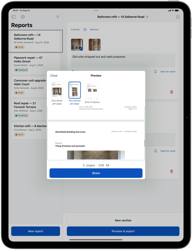 La misma hoja de exportación en el iPad, con el selector de diseño y el PDF terminado sobre el trabajo abierto