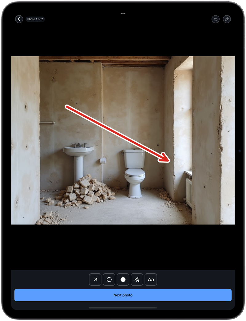 The same mark-up on iPad, the photo filling the screen with the tool bar underneath