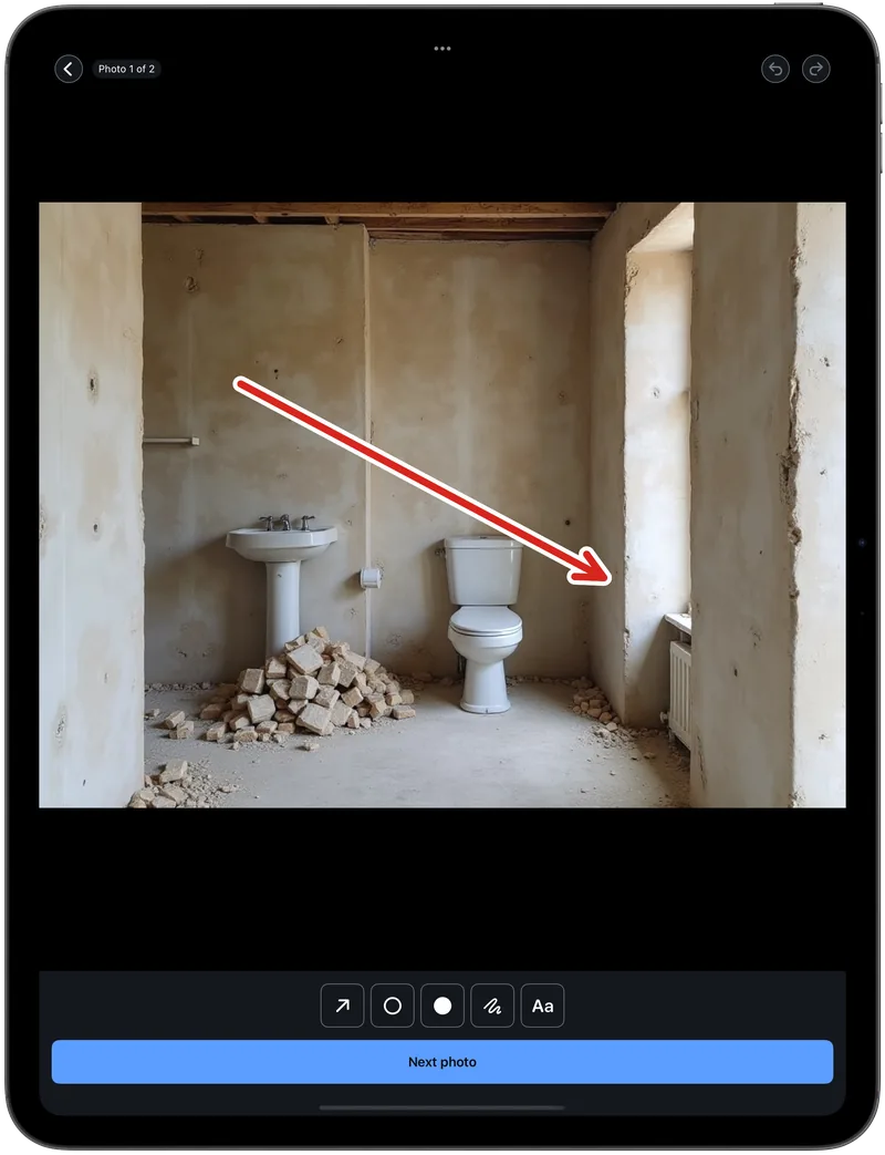 La misma anotación en el iPad, con la foto llenando la pantalla y la barra de herramientas debajo