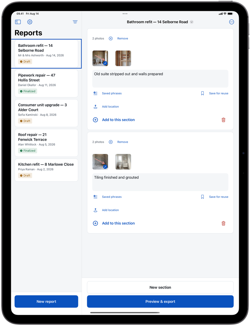 The same job on iPad, with the list of reports down the left and the open job beside it