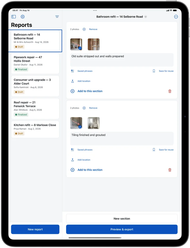 El mismo trabajo en el iPad, con la lista de informes a la izquierda y el trabajo abierto al lado