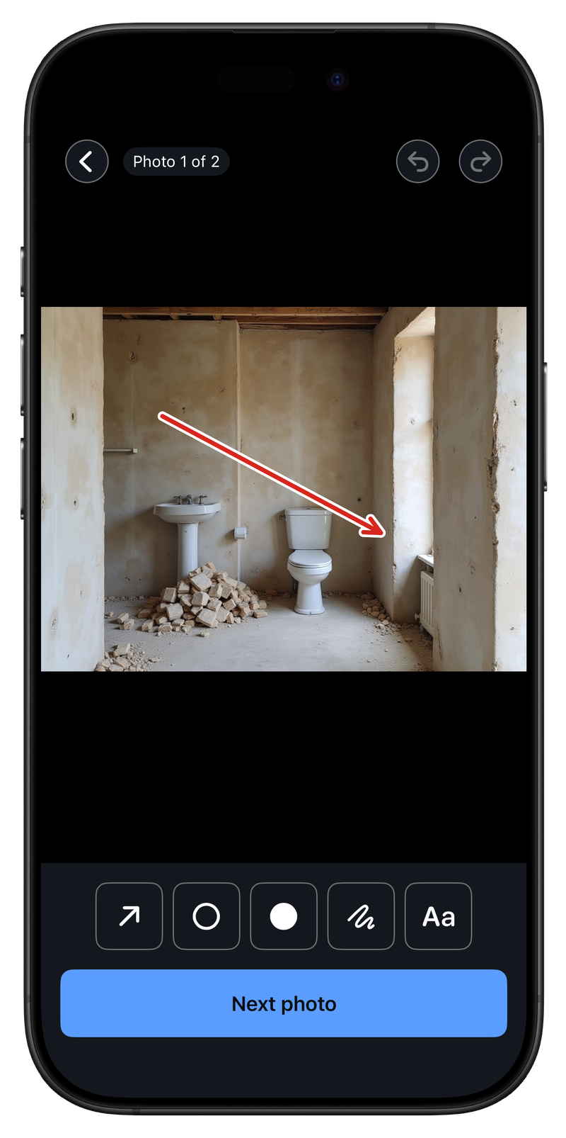 Marking up a photo in Provaro on iPhone with a red arrow, the tool bar underneath