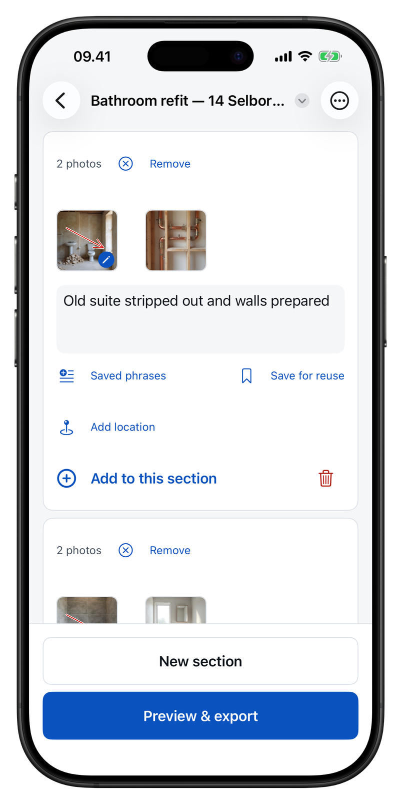A job open in Provaro on iPhone: photos gathered into sections, each with a caption underneath